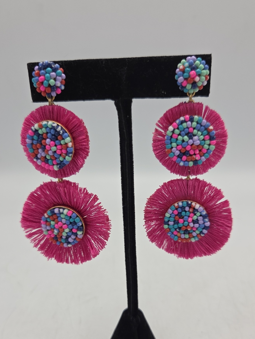 J Crew Fuchsia Beaded Fringe Drop Earrings